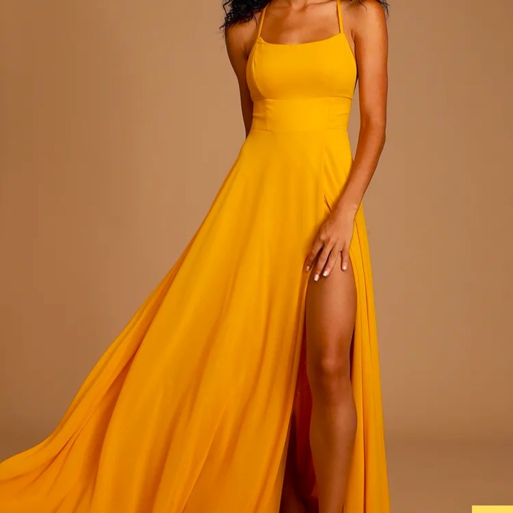 Lulu’s Mustard Yellow Backless Maxi Dress